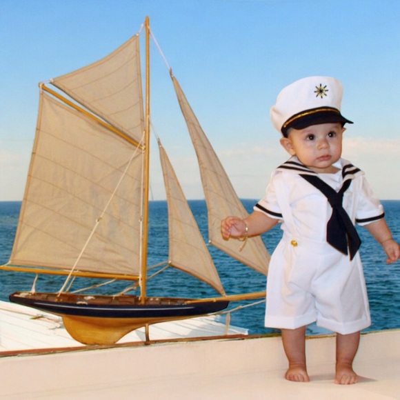 New Baby Toddler Boys Bow Accent Nautical Cap Outfit Set - Picture 4 of 15